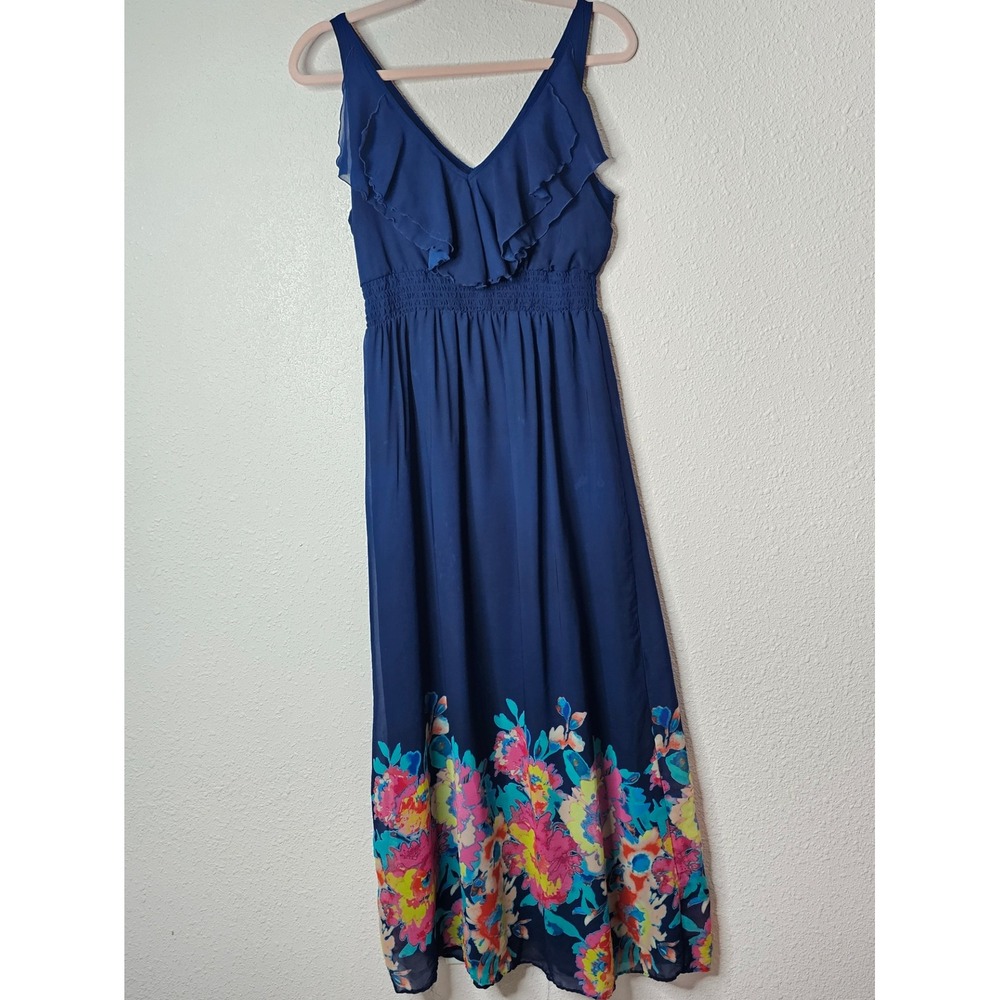 Old Navy Womens Blue Floral Chiffon Maxi Dress Ruffle Smocked Waist Med Fairy